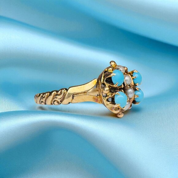 ANTIQUE- 10K Gold Turquoise & Seed Pearl Ring -Sz 6.75- Victorian Western 2.1g - Picture 3 of 16